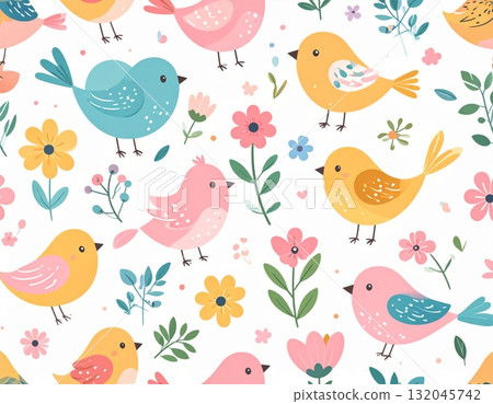 Cute cartoon seamless vector pattern set with birds, flowers, and nature elements for baby decoration design 132045742