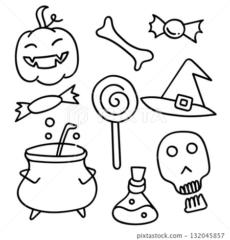Simple and fun set of hand-drawn line art doodle icons for Halloween.. Vector Illustration 132045857