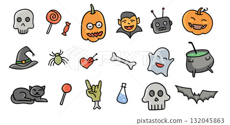 Halloween Doodle Line Color Icons Elements Collection Set.Vector Illustration 132045863