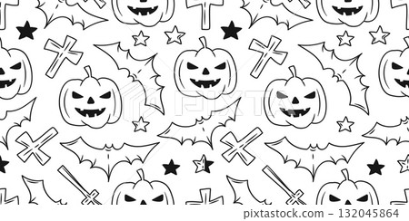 Seamless Pattern Halloween Doodle Line Drawing with Pumpkin ,Bat ,Stars and Cross.Vector Illustration 132045864