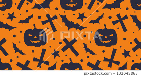Seamless pattern Halloween Silhouette with Cross ,Star ,Bat and Jack O Lantern on Orange Background.Vector Illustration 132045865