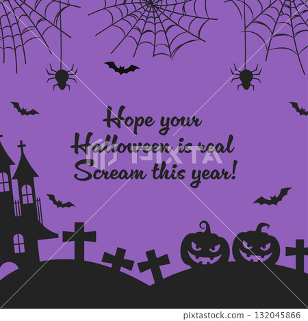 Happy Halloween Greeting Card Retro Typography with Spider Web and Cemetery Silhouette.Vector IllustrationHappy Halloween Greeting Card Retro Typography with Spider Web and Cemetery Silhouette.Vector 132045866
