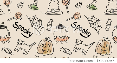 Seamless Pattern Doodle Cute Halloween Elements Line Color with Text Spooky Watercolor Effect Illustration 132045867