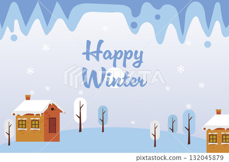 Nature Winter with Cottagecore House and Nature Icicle Snowfall Flat Banner Background.Vector Illustration. 132045879