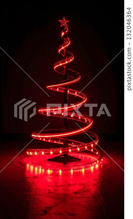 Abstract red Christmas tree with star, light and snow for winter holiday decoration and greeting card design illustration Abstract red Christmas tree with star, light and snow for winter holiday decoration and greeting card design illustration 132046364