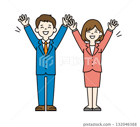 Full-body vector illustration set of young men and women in suits cheering with joy_Color 132046388