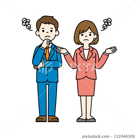 A simple full-body vector illustration of a young male and female businessman pair thinking with a troubled expression_Color 132046389