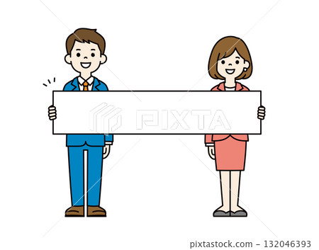 全身向量插圖，描繪了一位年輕商人和一位女士拿著一塊長板並解釋 132046393