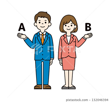 Full-body vector illustration of a young male and female office worker in a suit proposing an idea_color Full-body vector illustration of a young male and female office worker in a suit proposing an idea_color 132046394