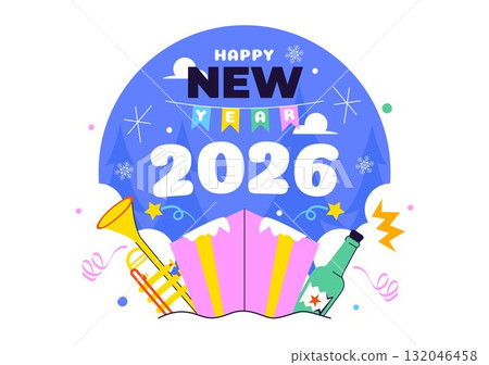 Happy New Year 2026 Celebration Vector Illustration Featuring Trumpets, Champagne, Fireworks, Ribbons, and Confetti for a Festive Holiday Background Happy New Year 2026 Celebration Vector Illustration Featuring Trumpets, Champagne, Fireworks, Ribbons, and Confetti for a Festive Holiday Background 132046458