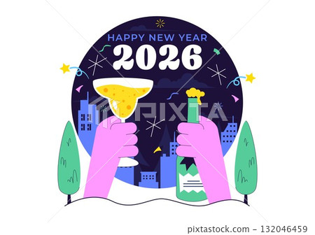 Happy New Year 2026 Celebration Vector Illustration Featuring Trumpets, Champagne, Fireworks, Ribbons, and Confetti for a Festive Holiday Background 132046459