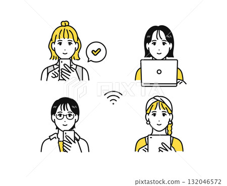 智慧型手機、平板電腦、筆記型電腦、年輕女性圖示集 132046572