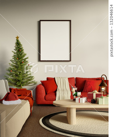 Christmas living room design featuring tree and festive decor elements. 3D render illustration 132046614