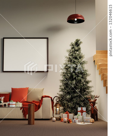 Christmas holiday living room with festive decorations and a cozy atmosphere. 3D render illustration 132046615