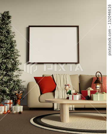 Christmas holiday living room with festive decorations and a cozy atmosphere. 3D render illustration 132046616
