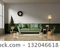 Cozy living area adorned for Christmas with green accents and gifts. 3D render illustration 132046618