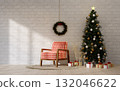 Christmas holiday living room featuring a festive tree and cheerful decorations. 3D render illustration 132046622