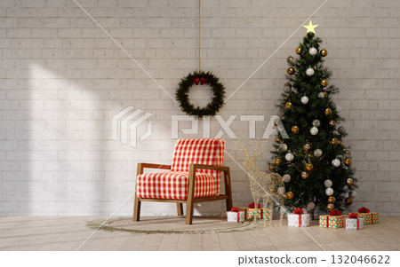Christmas holiday living room featuring a festive tree and cheerful decorations. 3D render illustration 132046622