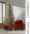 Christmas tree with sparkling ornaments and holiday gift boxes. 3D render illustration 132046627