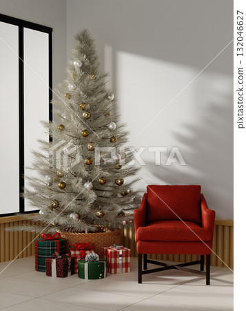 Christmas tree with sparkling ornaments and holiday gift boxes. 3D render illustration Christmas tree with sparkling ornaments and holiday gift boxes. 3D render illustration 132046627