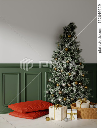 Christmas holiday decorations in a serene living room setting. 3D render illustration 132046629