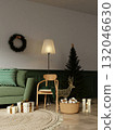 Stylish home scene for Christmas with festive decor and presents. 3D render illustration 132046630