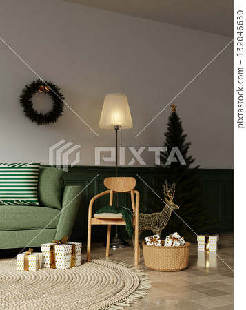 Stylish home scene for Christmas with festive decor and presents. 3D render illustration 132046630