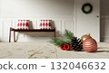 Christmas decor elements with ornaments and pine for festive ambiance. 3D render illustration 132046632