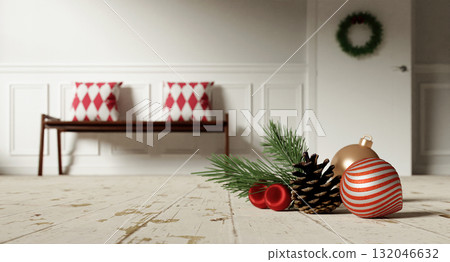 Christmas decor elements with ornaments and pine for festive ambiance. 3D render illustration 132046632