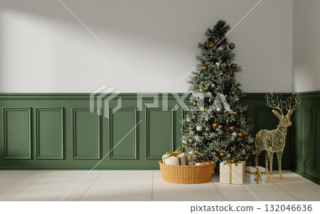 Charming Christmas tree display with gifts and holiday decor in a modern home. 3D render illustration 132046636