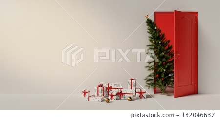Holiday gifts with Christmas tree emerging from an open door. 3D render illustration Holiday gifts with Christmas tree emerging from an open door. 3D render illustration 132046637