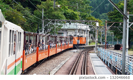 Kurobe Gorge trolley train and surrounding scenery Kurobe Gorge trolley train and surrounding scenery 132046668
