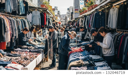 A lively vintage clothing bazaar 132046719
