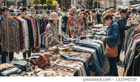 A lively vintage clothing bazaar 132046720