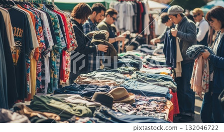 A lively vintage clothing bazaar 132046722