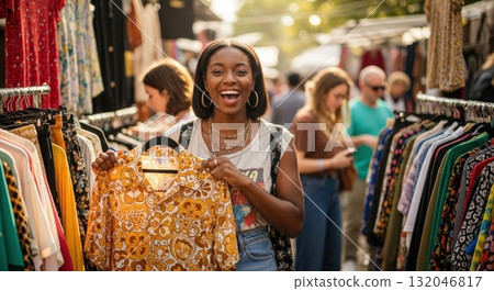 A lively scene of women enjoying shopping at a vintage clothing bazaar 132046817