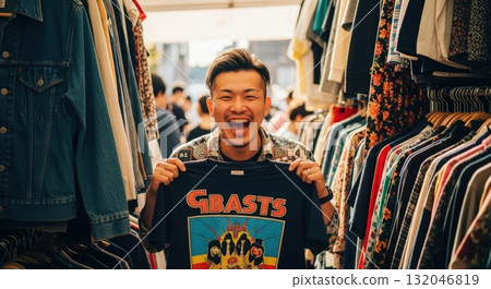 A lively scene of men shopping at a vintage clothing bazaar 132046819