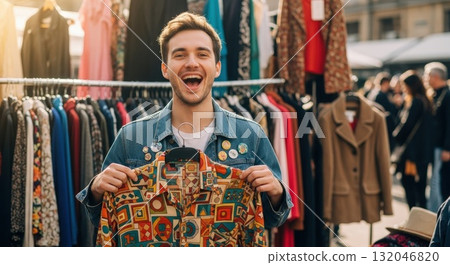 A lively scene of men shopping at a vintage clothing bazaar 132046820