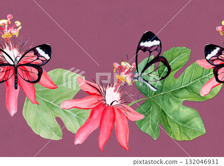 Glasswing butterfly, passionflower, leaves blossom elegant watercolor seamless border on violet. Hand-painted perfect for tropical decor, botanical card, eco branding, packaging, or wedding 132046931
