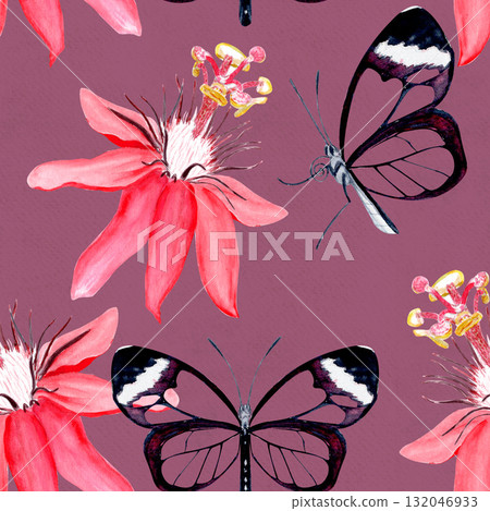 Glasswing butterfly and passionflower blossom elegant watercolor seamless pattern on violet. Hand-painted art perfect for tropical decor, botanical card, eco branding, packaging, or wedding Glasswing butterfly and passionflower blossom elegant watercolor seamless pattern on violet. Hand-painted art perfect for tropical decor, botanical card, eco branding, packaging, or wedding 132046933