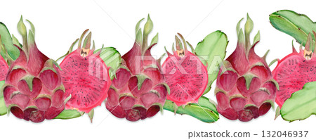 Bright pink dragon fruit whole, half with seeds and leaves. Hand-painted watercolor seamless border on white. Perfect for tropical food design, packaging, branding, healthy lifestyle projects, prints. 132046937
