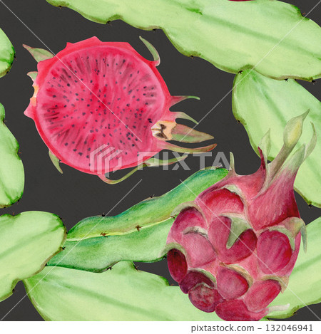 Dragon fruit, cactus stems seamless watercolor pattern on dark grey background. Tropical clip art perfect for fabric, packaging, summer design, healthy food branding. Hand-painted textured Dragon fruit, cactus stems seamless watercolor pattern on dark grey background. Tropical clip art perfect for fabric, packaging, summer design, healthy food branding. Hand-painted textured 132046941