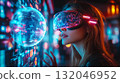 A woman wearing VR glasses interacts with a holographic globe. Generative Ai. 132046952