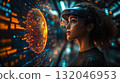A woman wearing VR glasses interacts with a holographic globe. Generative Ai. 132046953
