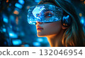 A woman wearing VR glasses interacts with a holographic globe. Generative Ai. 132046954