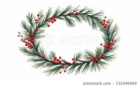 A festive watercolor wreath featuring holly leaves and berries, surrounded by a snowy Christmas village scene A festive watercolor wreath featuring holly leaves and berries, surrounded by a snowy Christmas village scene 132046989