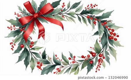 Watercolor wreath of holly leaves and berries, set against a cozy winter landscape with snow and festive elements 132046990