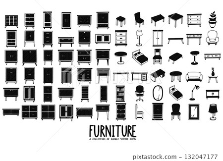 Furniture Related Doodle vector icon set. Drawing sketch illustration hand drawn line eps10 132047177