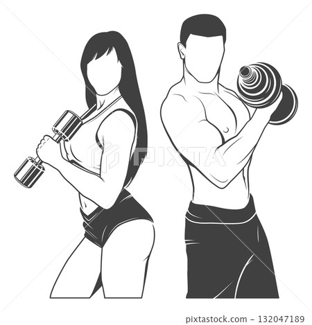 Dumbbell Workout Vector Illustration. Fit Man and Woman Training, Dumbbell Exercise Pose, Dumbbell Gym Logo, Fitness, Bodybuilding, Personal Trainer, Club, Poster, Apparel Design 132047189