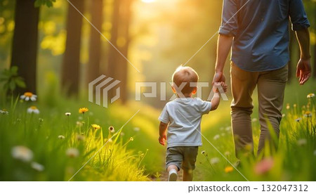 A man and child enjoy a peaceful walk in the woods, celebrating the joy of childhood on International Children's Day 132047312